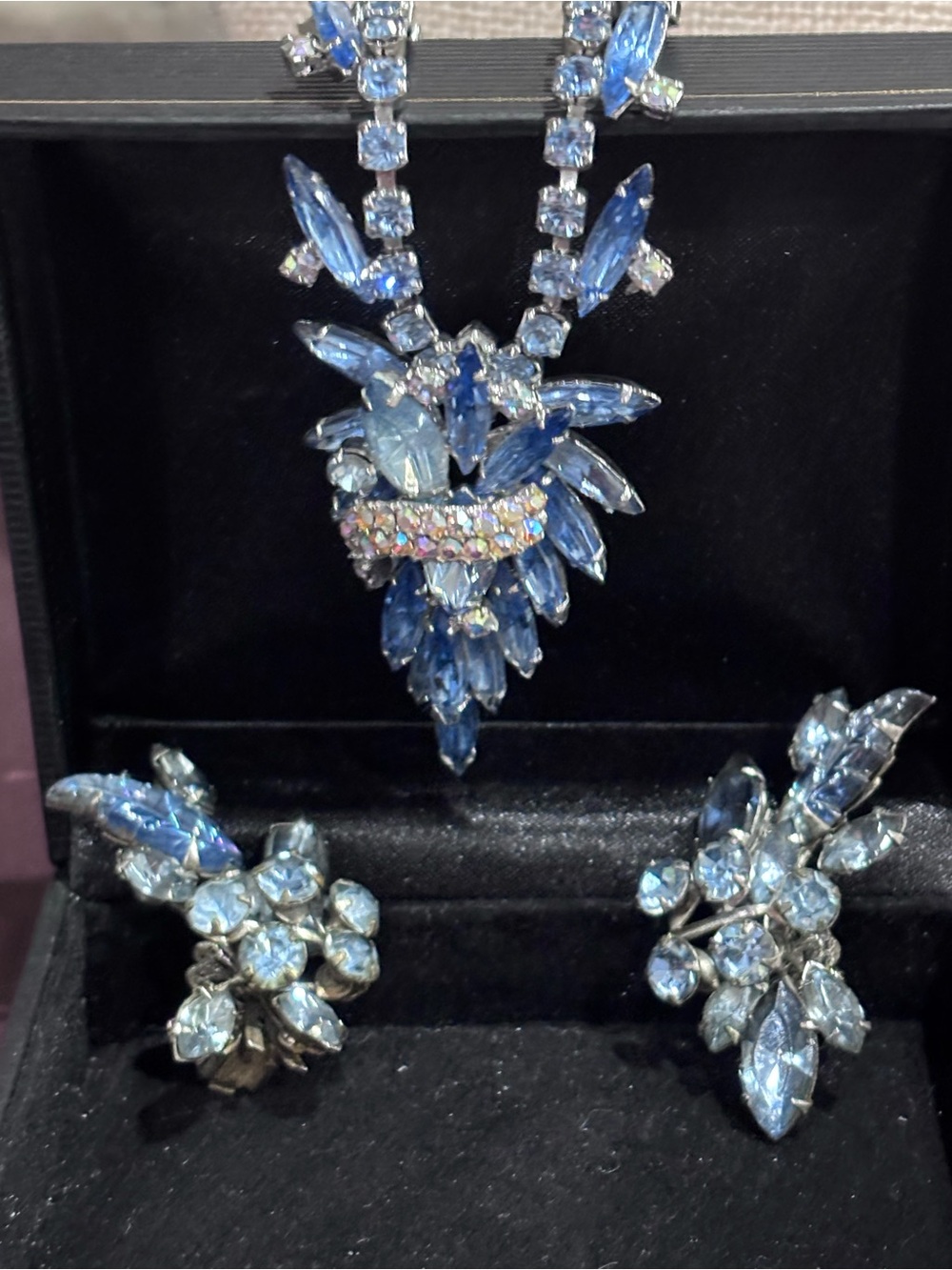 Mid-century blue rhinestone necklace and earring set